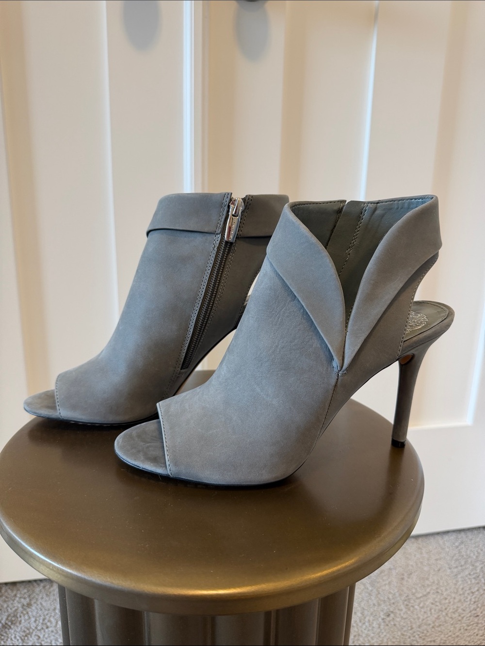 Vince Camuto Grey Suede Peep-Toe Stiletto Booties